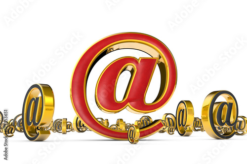 The best internet address (@). A single red & golden email symbol surrounded by many gray & gold e-mail symbols (3D illustration). Isolated over white.