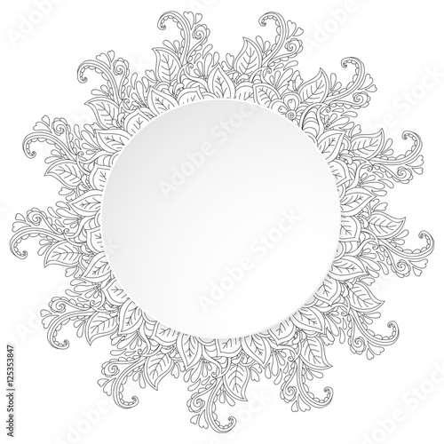 Circle 3d banner with fanciful round grey hand drawn doodle with flowers, on white background. Vector illustration