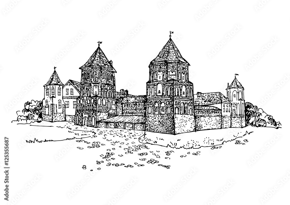 Famous Belarusian Castle. The medieval defensive castle. Castle building on the hill skyline etching. Hand drawn sketch vector illustration.