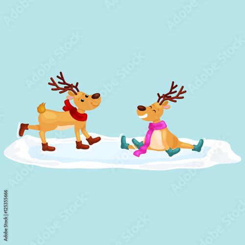 Christmas reindeer with horns and scarf skates on ice fun and happily spending time on the eve of New Year holiday, winter christmas animal deer vector illustration