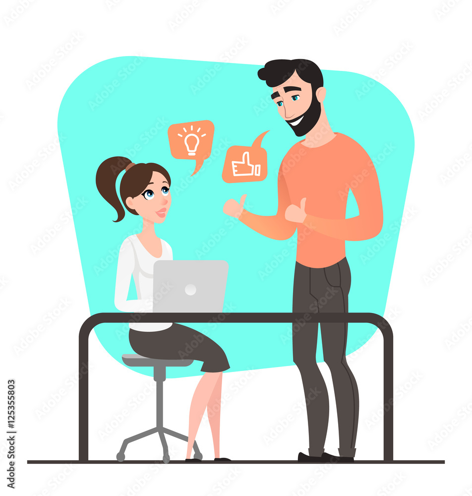 Two happy businessman. Project discussion. Cartoon style. Teamwork.  Business people. Flat Stock Vector | Adobe Stock
