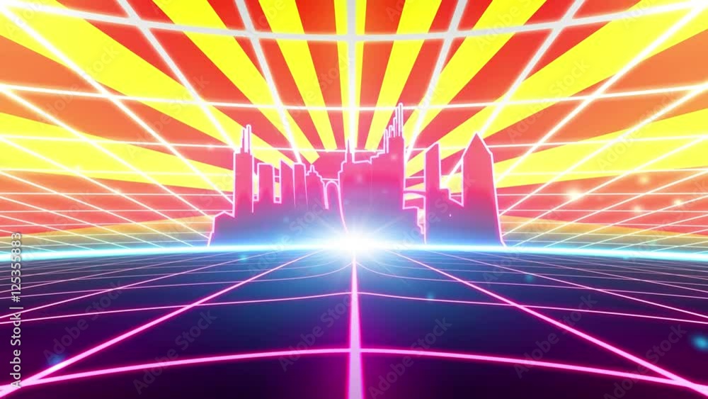 Retro 80s VHS tape video game intro landscape vector arcade wireframe
