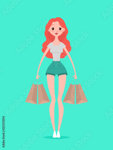 Young hipster woman with shopping bags. Vector illustration. Design template. Cartoon