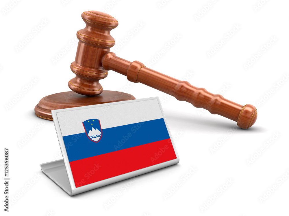 3d wooden mallet and Slovene flag. Image with clipping path