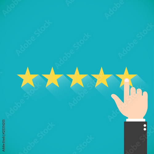 Five gold stars with hand Vector illustration. Finger presses the star. Assessment for web sites