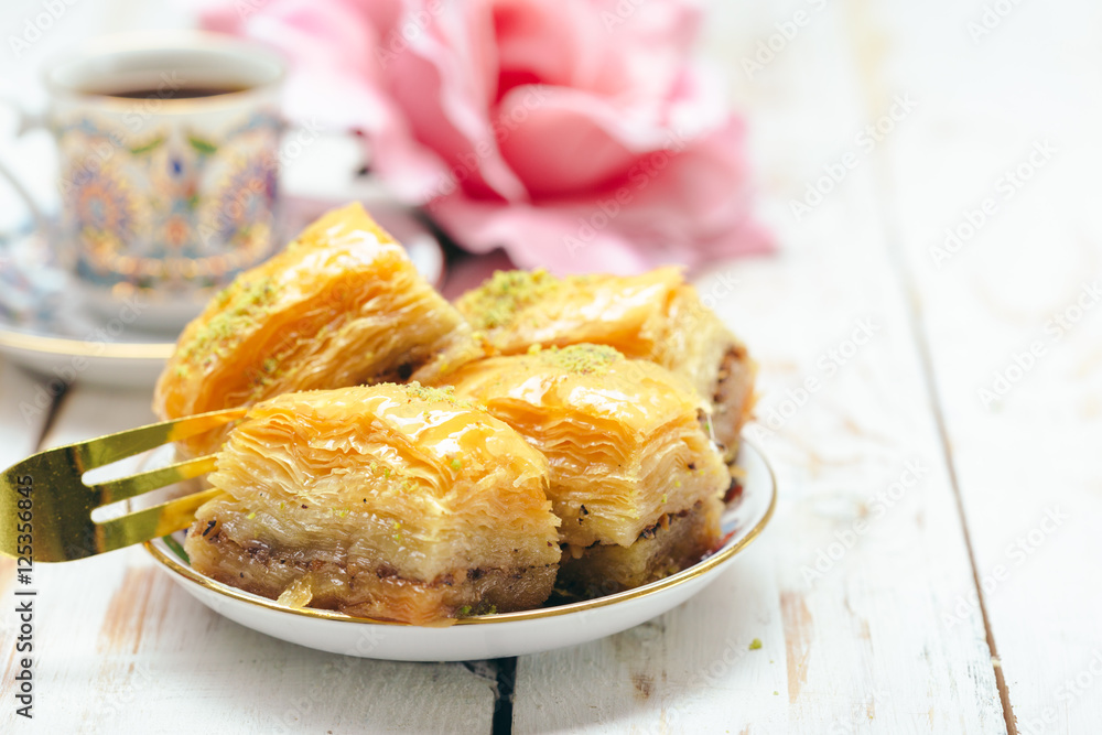 traditional eastern desserts on wooden background traditional eastern desserts on wooden background