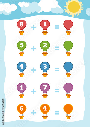 Counting Game for Children. Addition worksheets with balloons