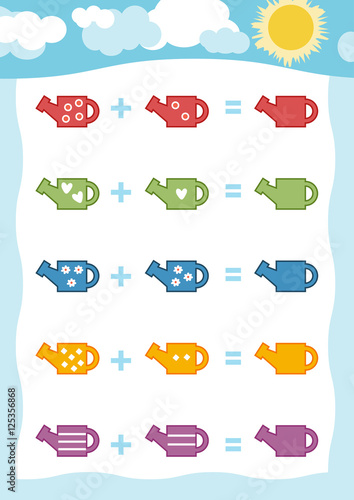 Counting Game for Children. Addition worksheets with watering can