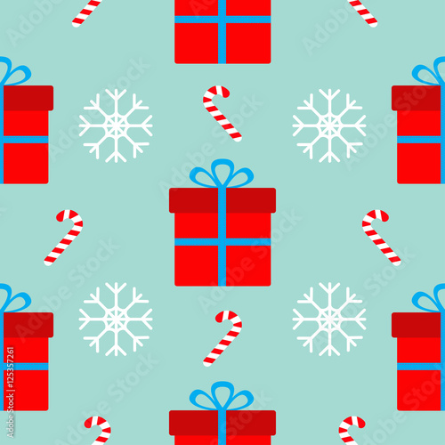 Christmas gift box with bow  snowflake red and white candy cane. Seamless Pattern Decoration. Wrapping paper  textile template. Blue background. Flat design.