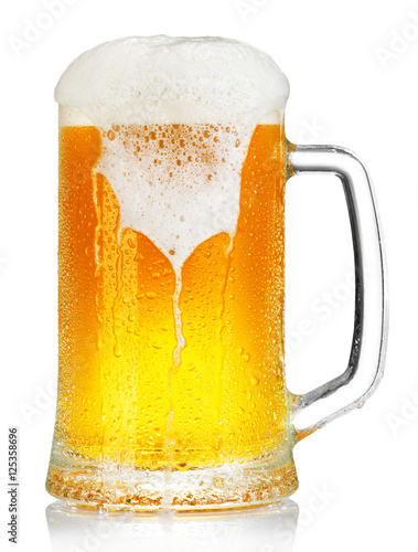 cold mug of beer with foam isolated on white background