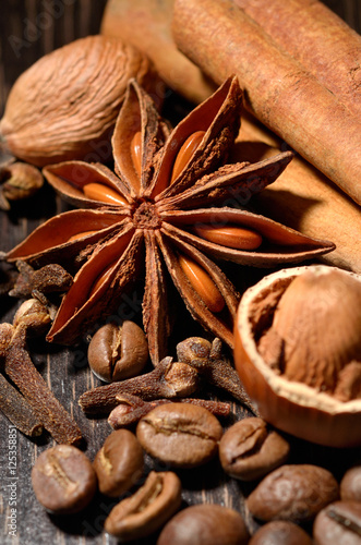 Spices on wooden background