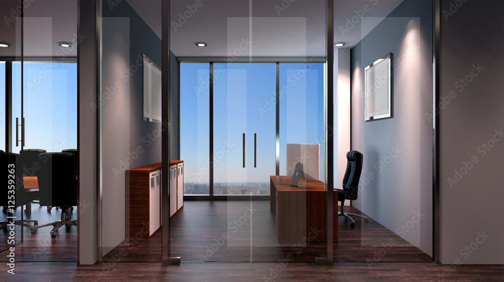 Interior of the modern office in the highlands. 3d rendering. Interior of the modern office in the highlands. 3d rendering.