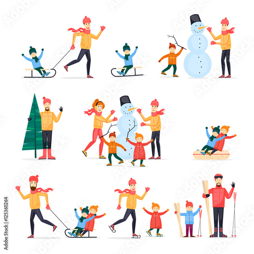 Winter sports with adult children. Family outdoors in winter. Skiing  skating  snowboarding  hockey. Snowman. Characters. Flat design vector illustration.