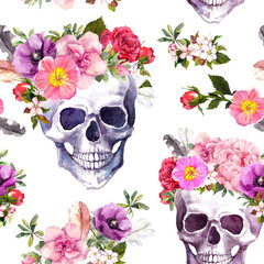 Sierkussen Doodshoofd met bloemen patronen Schedels met bloemen aquarelpatroon  © zzorik