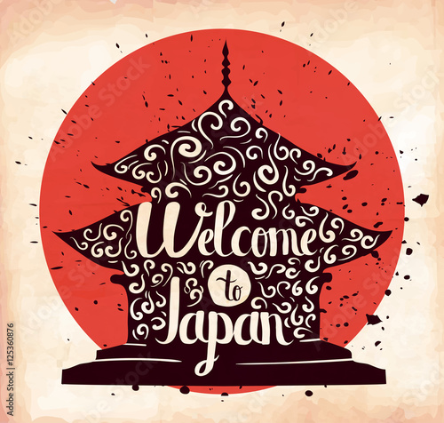 A poster on aged paper. The trip to Japan. An Asian country. Vector
