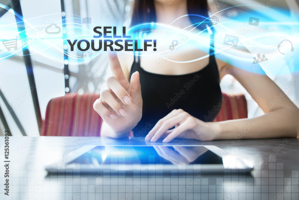 Woman is using tablet pc, pressing on virtual screen and selecting sell yourself! Woman is using tablet pc, pressing on virtual screen and selecting sell yourself!
