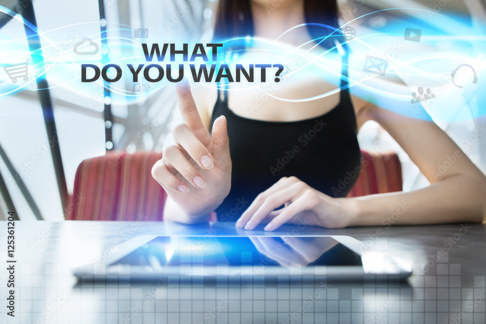 Woman is using tablet pc, pressing on virtual screen and selecting what do you want Woman is using tablet pc, pressing on virtual screen and selecting what do you want