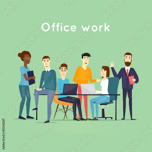 Business characters. Teamwork. Presentation. Workplace. Office life. Flat design vector illustration.