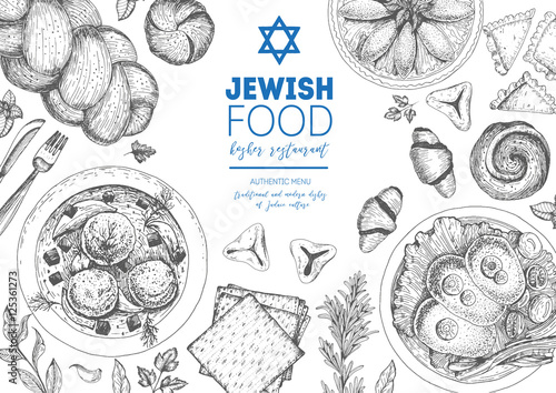 Jewish cuisine top view frame. Jewish food menu design. Kosher food. Vintage hand drawn sketch vector illustration. Linear graphic