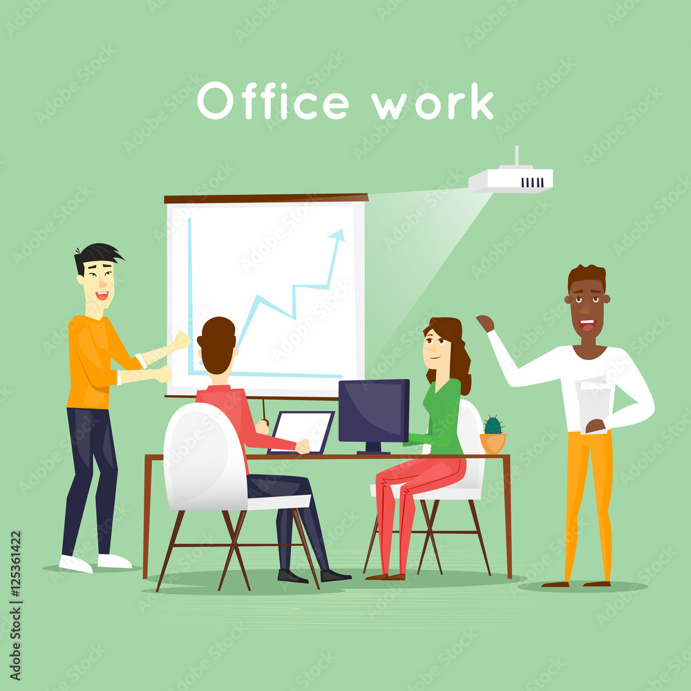 Business characters. Teamwork. Presentation. Workplace. Office life. Flat design vector illustration. Business characters. Teamwork. Presentation. Workplace. Office life. Flat design vector illustration.