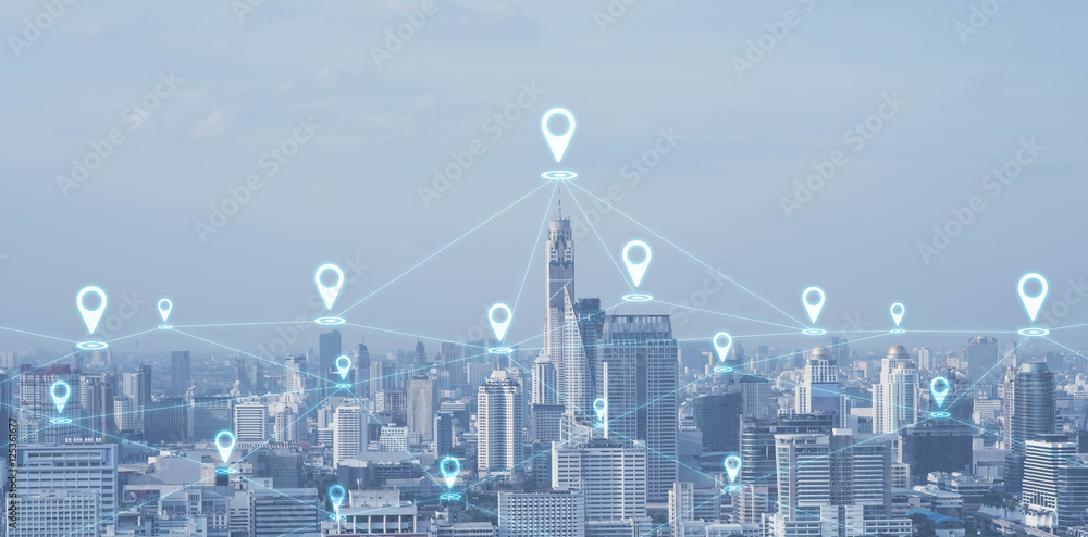 Blue high-tech tone of cityscape conneted line with pin sign, te Blue high-tech tone of cityscape conneted line with pin sign, te