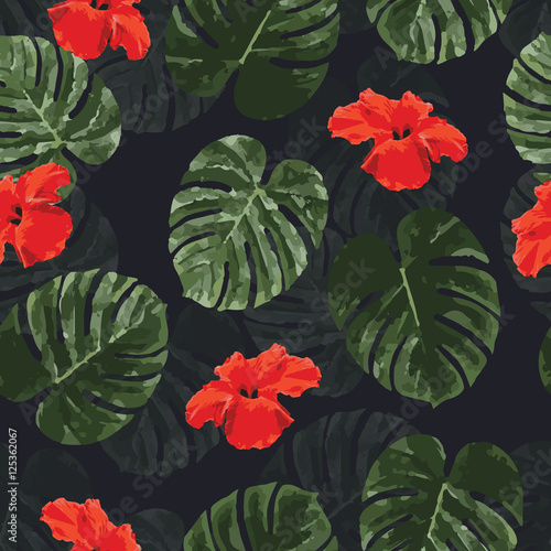 Tropical seamless pattern with palm monstera leaves and flowers