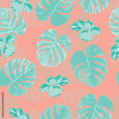 Tropical seamless pattern with palm monstera leaves and flowers