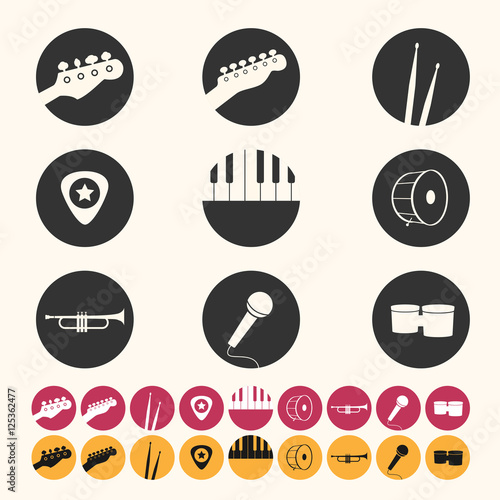 Music instruments icons set in a circle shape. Guitar icons, keyboard icon, drums icons
