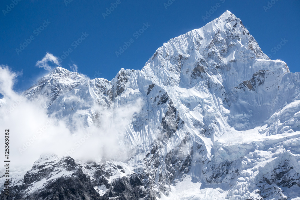 closed up view of Everest and Lhotse peak from Gorak Shep. During the way to Everest base camp. Sagarmatha national park. Nepal.