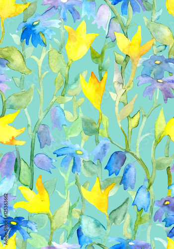 Fototapeta Naklejka Na Ścianę i Meble -  Seamless background - watercolor spring fantasy meadow flowers