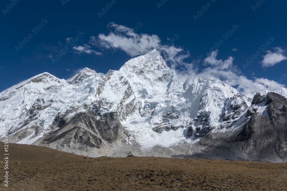 Beautiful Landscape of Everest and Lhotse peak from Gorak Shep. During the way to Everest base camp. Sagarmatha national park. Nepal.