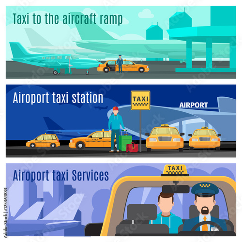 Taxi service banners. Airport and city taxi car cab driver vector illustration
