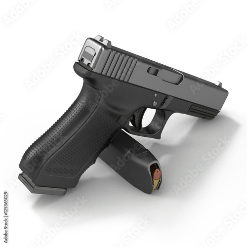 Automatic black pistol with ammo on white. 3D illustration