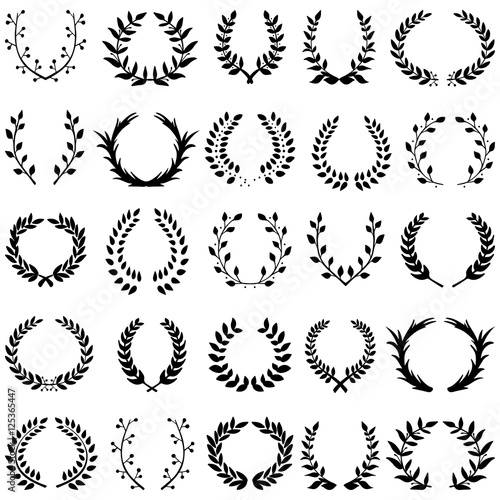 Hand drawn decorative floral set of 25 wreaths made in vector. Unique collection of laurel wreaths and branches in black color.