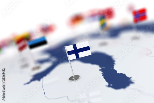 Wallpaper Mural Finland flag in the focus. Europe map with countries flags