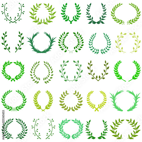 Hand drawn decorative floral set of 25 wreaths made in vector. Unique collection of laurel wreaths and branches in green color.