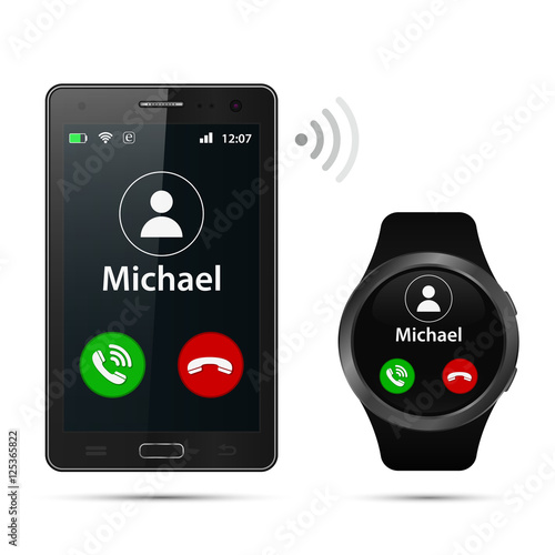 Realistic Smartphone and smartwatch with incoming call on display vector isolated illustration.