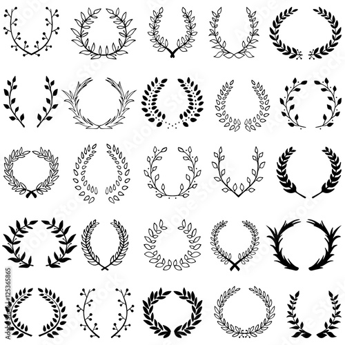 Hand drawn decorative floral set of 25 wreaths made in vector. Unique collection of laurel wreaths and branches