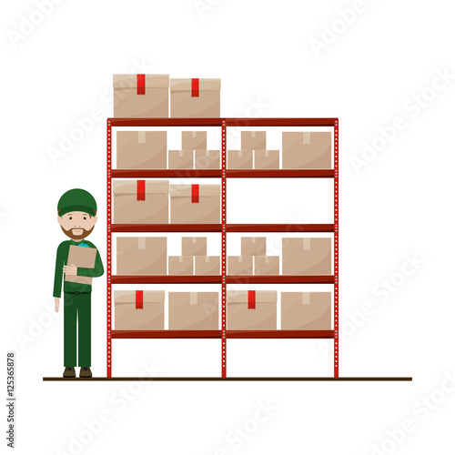 red shelves with sealed package and dispatcher vector illustration
