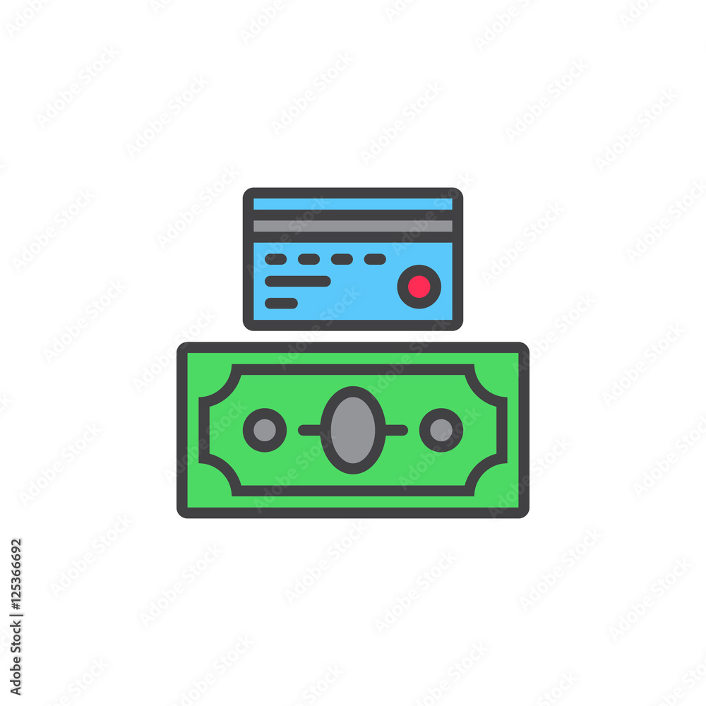 Credit card and cash money, payment options line icon, filled outline vector sign, linear colorful pictogram isolated on white. logo illustration Credit card and cash money, payment options line icon, filled outline vector sign, linear colorful pictogram isolated on white. logo illustration