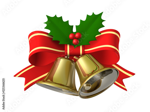 Christmas bell ribbon holly, 3D illustration
