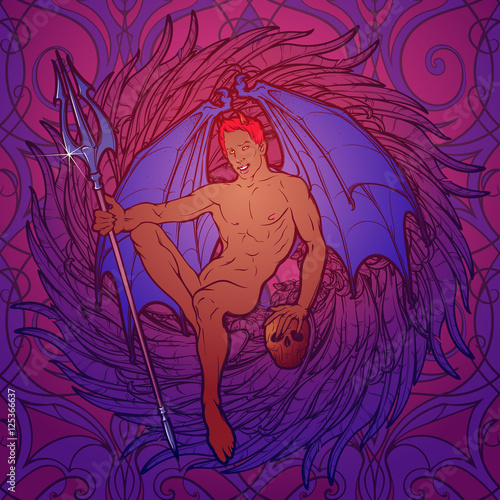 Young sexy demon with bat wings sitting and holding trident and human skull. Pinup and art Nouveau eclectic style. Intricate hand drawing, rich detailed beckground. Gay hint. EPS10 vector illustration