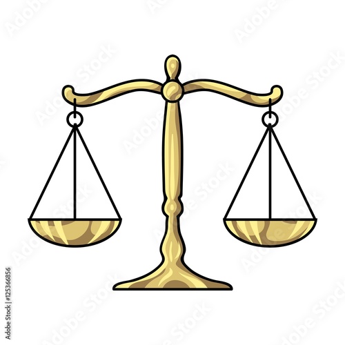 Scales of justice icon in cartoon style isolated on white background. Crime symbol stock vector illustration.