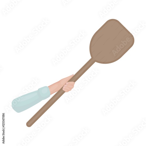 Wooden peel icon in cartoon style isolated on white background. Pizza and pizzeria symbol stock vector illustration.