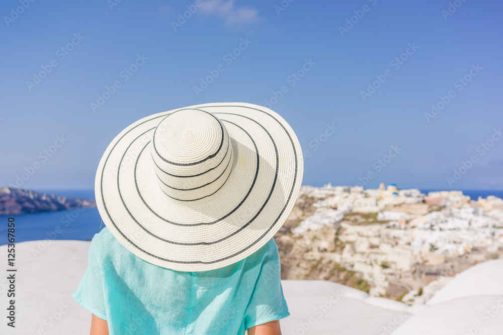 Young woman on holidays, Santorini Oia town