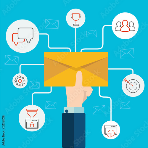 Concept of email advertising, direct digital marketing Human hand holding an envelope spreading information thought email distributing channel to customers