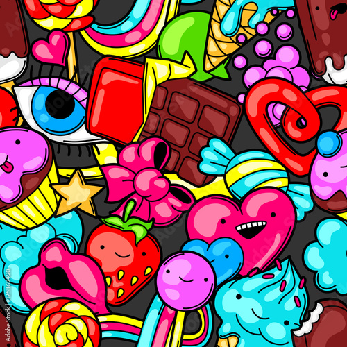 Seamless kawaii pattern with sweets and candies. Crazy sweet-stuff in cartoon style