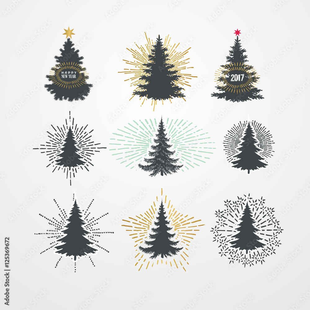 Obraz premium Vector illustration of different christmas trees with starburst.