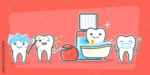 Cartoon teeth care and hygiene concept.