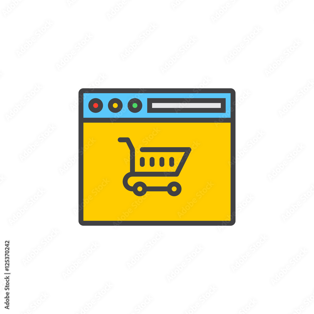 Online shopping symbol, shopping cart in browser line icon, filled outline vector sign, linear pictogram isolated on white. logo illustration Online shopping symbol, shopping cart in browser line icon, filled outline vector sign, linear pictogram isolated on white. logo illustration